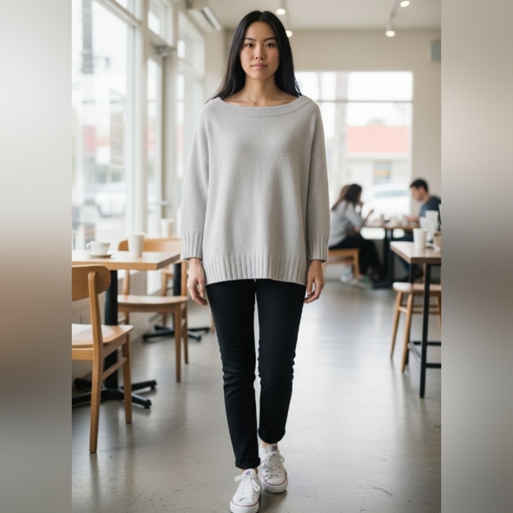 Free People Sz M Gray Oversized Boat Neck Tunic Sweater Boho Slouchy Cozy Knit